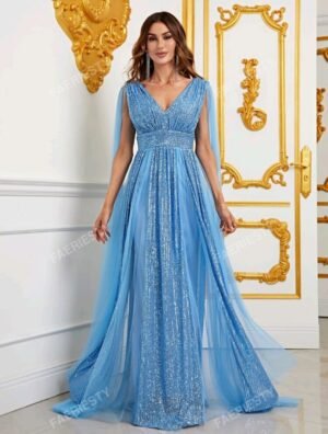 ABITO DA SERA O CERIMONIA LUNGO IN PAILLETTES COLORE AZZURRO