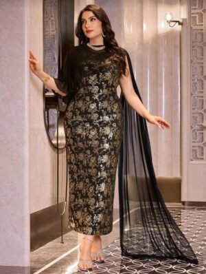 ABITO LUNGO ELEGANTE NERO ORO – VESTITO DONNA CURVY
