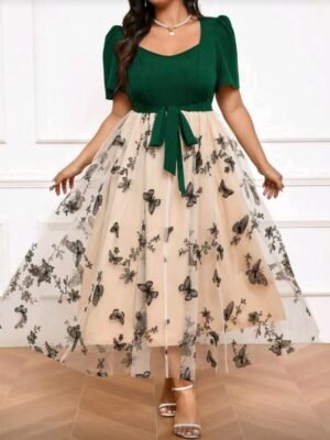 ABITO MIDI ELEGANTE VERDE E BEIGE