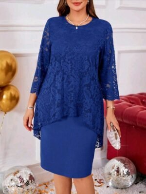 ABITO ELEGANTE DONNA CURVY BLU CON PIZZO VESTITO CERIMONIA