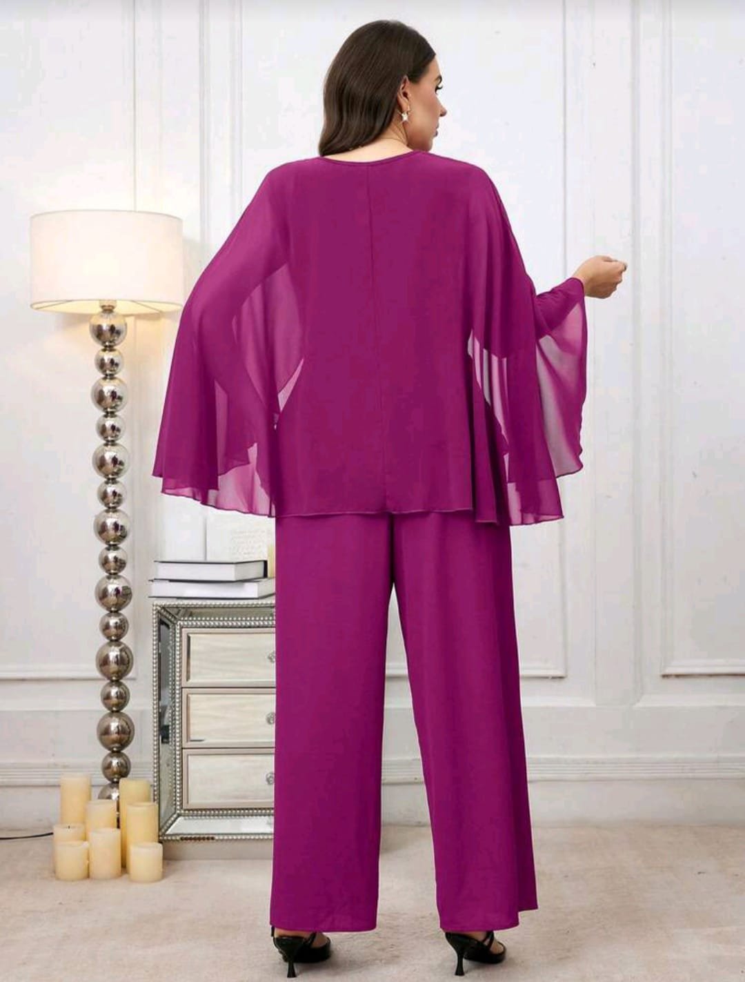 COMPLETO DONNA CURVY ELEGANTE 2 PEZZI FUCSIA CON VELO FLUIDO - immagine 2