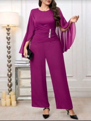COMPLETO DONNA CURVY ELEGANTE 2 PEZZI FUCSIA CON VELO FLUIDO