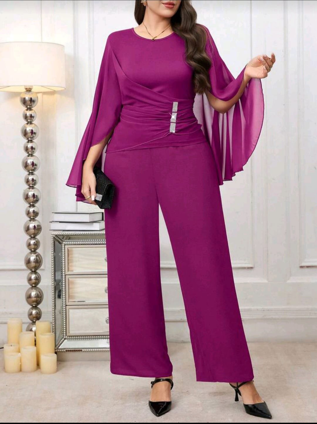 COMPLETO DONNA CURVY ELEGANTE 2 PEZZI FUCSIA CON VELO FLUIDO