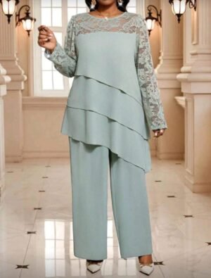 COMPLETO DONNA ELEGANTE VERDE SALVIA CON PIZZO SET 2 PEZZI