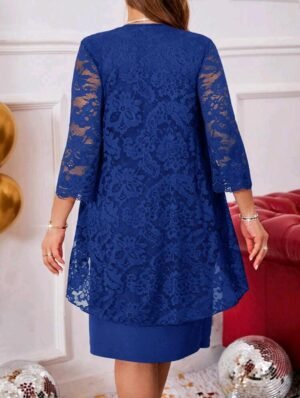ABITO ELEGANTE DONNA CURVY BLU CON PIZZO VESTITO CERIMONIA