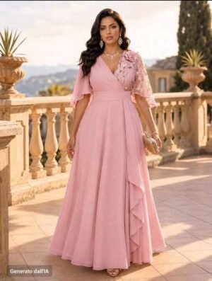ABITO LUNGO ROSA ELEGANTE CON MANICHE IN PIZZO FLOREALE